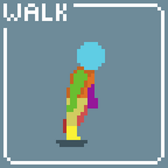 Pixel art animation of a colorful humanoid character walking, with 'WALK' text in the top left corner.