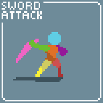 Pixel art character swings a pink sword with 'SWORD ATTACK' text in the top left corner.