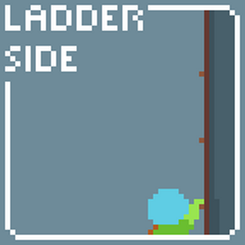 Pixel art character climbing sideways on a vertical ladder with 'LADDER SIDE' text in the corner.