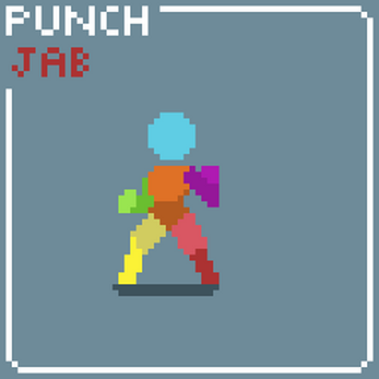 Pixel art animation of a colorful humanoid character performing a punch combo, with 'PUNCH' and 'JAB' text above.