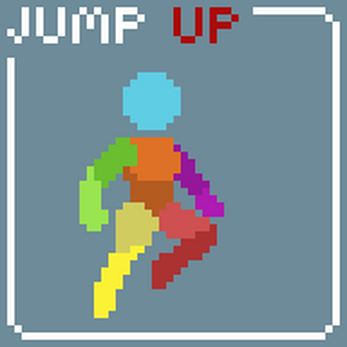 Pixel art character with multicolored limbs in a jumping pose, text 'JUMP UP' in top left corner.