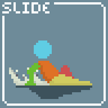 Pixel art of a blue figure sliding down a colorful slope with the word SLIDE at the top left.