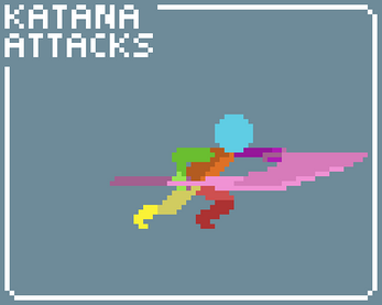 Pixel art animation of a character performing continuous katana attacks with text 'KATANA ATTACKS' in the corner.