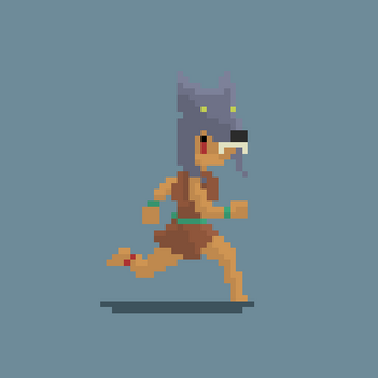 Pixel art character wearing a wolf headpiece and brown outfit running on a blue background