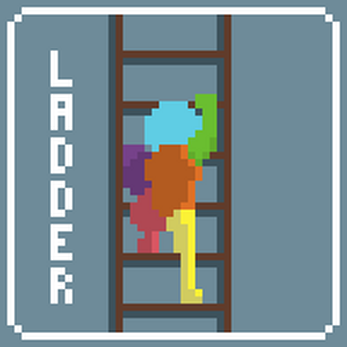 Pixel art character climbing a ladder with the word 'LADDER' vertically on the left side