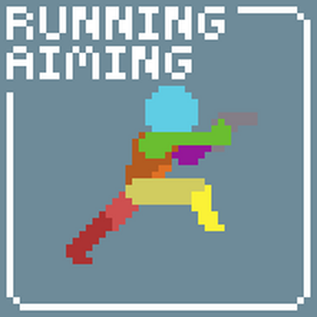 Pixel art character running while aiming a gun, with 'RUNNING AIMING' text at the top left.