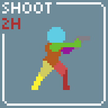 Pixel art character aiming a gun with both hands, labeled 'SHOOT 2H' in the top left corner.