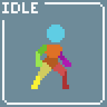 Pixel art animation of a multicolored humanoid character in an idle pose with 'IDLE' text in the corner.