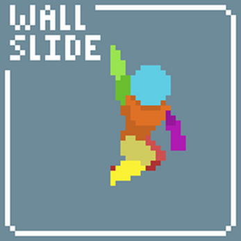Pixel art character sliding down a wall with 'WALL SLIDE' text in the top left corner.