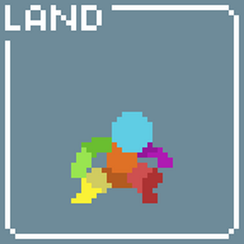 Pixel art animation of a colorful character landing, with the word LAND in the top left corner.