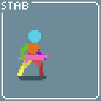 Pixel art animation of a colorful character stabbing forward with a pink sword, labeled 'STAB' in the corner.
