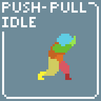 Pixel art character in idle pose with segmented colored limbs, labeled 'PUSH-PULL IDLE' at top left.