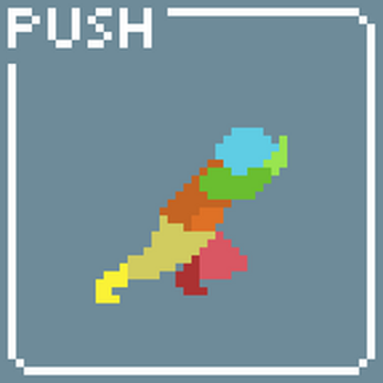 Pixel art character pushing an object, with the word PUSH in white at the top left corner.