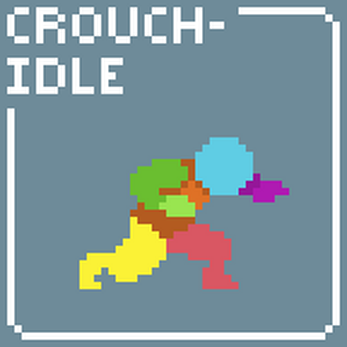Pixel art character crouching on a blue background with the text 'CROUCH-IDLE' in the top left corner.