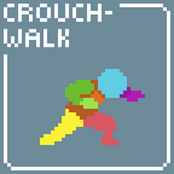 Pixel art character in a crouched walking pose with colorful body parts on a blue background.