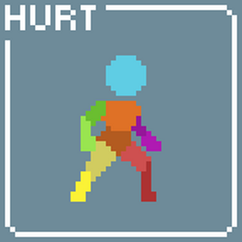 Pixel art character with rainbow limbs and blue head in a hurt pose, labeled 'HURT' in the top left corner.