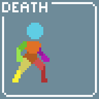 Pixel art animation of a multicolored humanoid figure labeled 'DEATH' in a gray box.