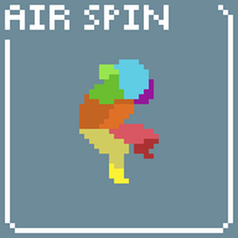Pixel art animation of a multicolored character spinning in midair with 'AIR SPIN' text at the top.