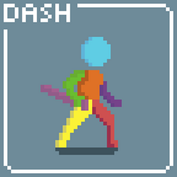 Pixel art animation of a colorful humanoid figure dashing right with 'DASH' text in the top left corner.