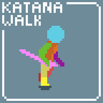 Pixel art character walking with a pink katana, text 'KATANA WALK' in the top left corner.