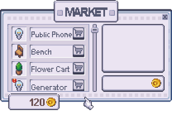 Pixel art game market menu with items like Public Phone, Bench, Flower Cart, Generator, and 120 coins displayed.