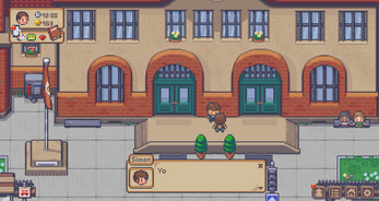 Pixel art game scene of two characters outside a school building with green doors and a dialogue box at the bottom.