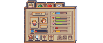 Pixel art RPG character menu showing stats, inventory icons, and a character named Charlie with health and skill bars.