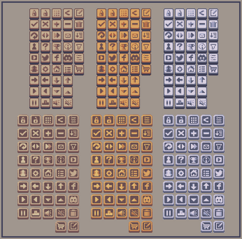 Pixel art UI icon set with various buttons including arrows, checkmarks, locks, trash cans, and social media symbols.