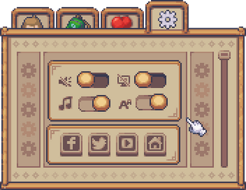 Pixel art game settings menu with toggle switches, social media icons, and a hand cursor pointing at a switch.