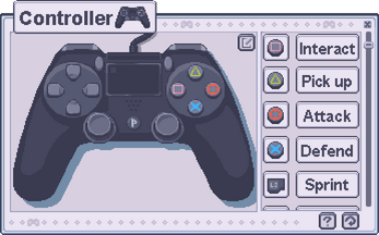 Pixel art gamepad with labeled buttons for Interact, Pick up, Attack, Defend, and Sprint in a menu interface.