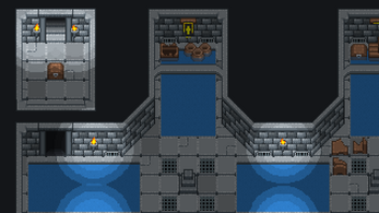 Pixel art dungeon scene with stone walls, blue floors, torches, chests, barrels, and a closed door.