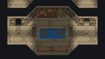 Pixel art dungeon room with stone walls, crates, barrels, torches, and a blue carpet in the center.