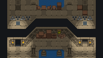 Pixel art dungeon scene with stone floors, crates, barrels, spikes, and torches lighting doorways.