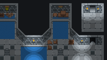 Pixel art dungeon scene with stone walls, blue floors, crates, barrels, and torch-lit rooms connected by stairways.