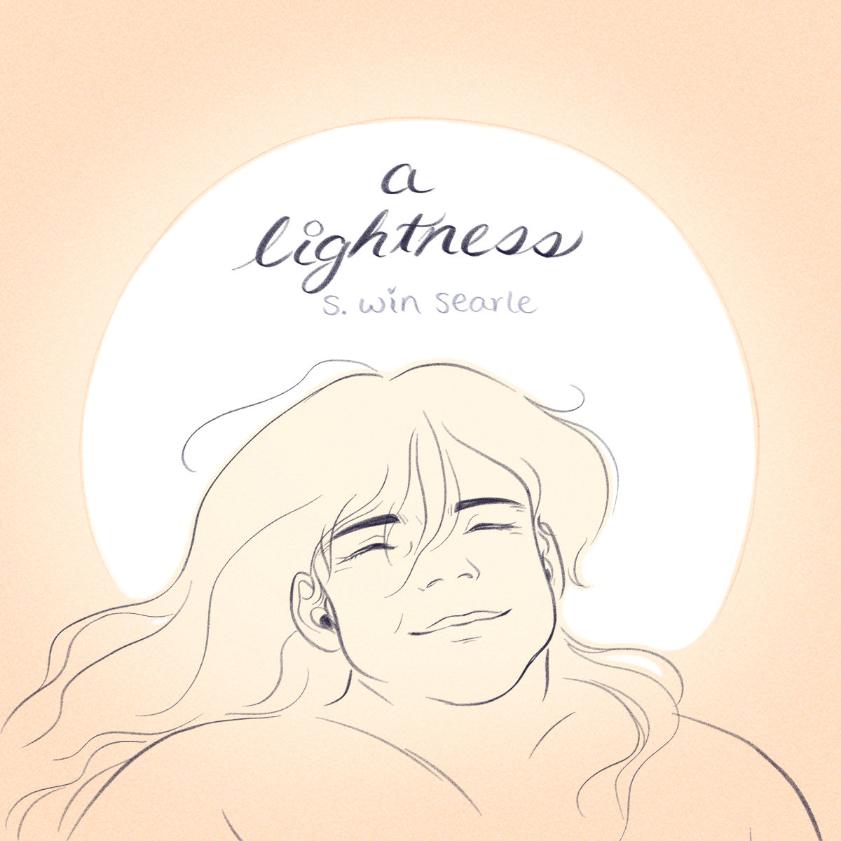 The cover of the comic "A Lightness" by S. Win Searle.  The cover features a plus-sized individual, with long wavy hair, smiling happily with their eyes closed.  The cover is predominantly a golden yellow, with a halo of white encircling the person's head.