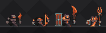 Pixel art of five stone enemies with glowing orange weapons and shields, each in different battle poses on a dark background.