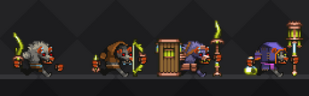 Four pixel art rat characters with weapons and gear, including a sword, bow, shield, staff, and lantern, on a dark background.