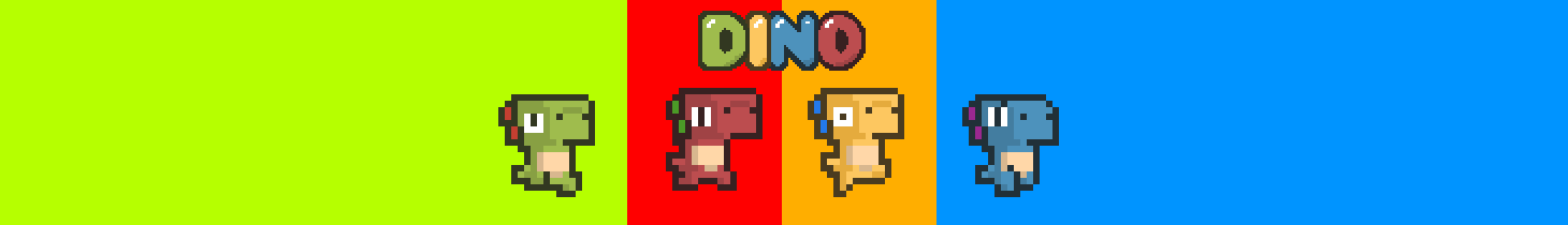Four pixel art dinosaurs in green, red, yellow, and blue on colored backgrounds with 'DINO' text above them.