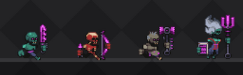 Four pixel art zombie characters with glowing purple weapons and dark backgrounds, each with unique designs.