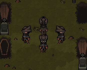 Pixel art scene with four hunters in hats standing near open graves and coffins on a grassy ground.