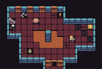 Pixel art dungeon room with a character, treasure chest, skeleton, stairs, potion, and trap on a tiled floor.