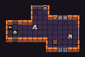 Pixel art dungeon room with a character, a green slime, a key, spikes, ladders, rocks, and orange brick walls.