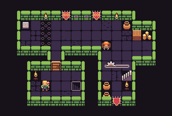 Pixel art dungeon room with green stone walls, a hero, an enemy, traps, stairs, torches, and treasure items.