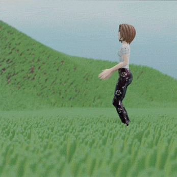 Animated character with short hair jumps in place on grassy hills under a cloudy sky.
