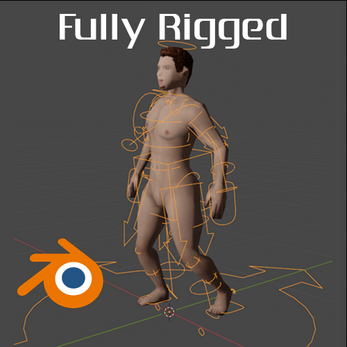 3D male character model with visible rigging controls in Blender, text 'Fully Rigged' at top, Blender logo in corner.