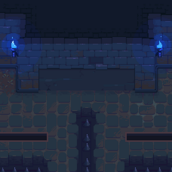 Pixel art dungeon scene with blue torches, stone walls, floor tiles, and a central row of spikes