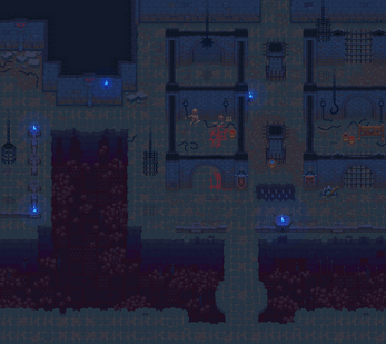 Pixel art dungeon scene with prison cells, skeletons, chains, blue torches, and a pit filled with bones and spikes.