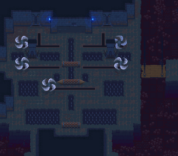 Pixel art dungeon room with spinning blade traps, spike pits, stone walls, and a wooden bridge on the right side.