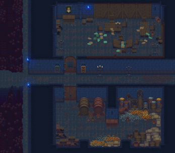 Pixel art dungeon map with rooms containing barrels, crates, gold coins, scattered papers, and wooden furniture.