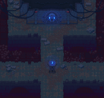 Pixel art dungeon scene with stone paths, a glowing blue altar, and a chained gate with blue lights.
